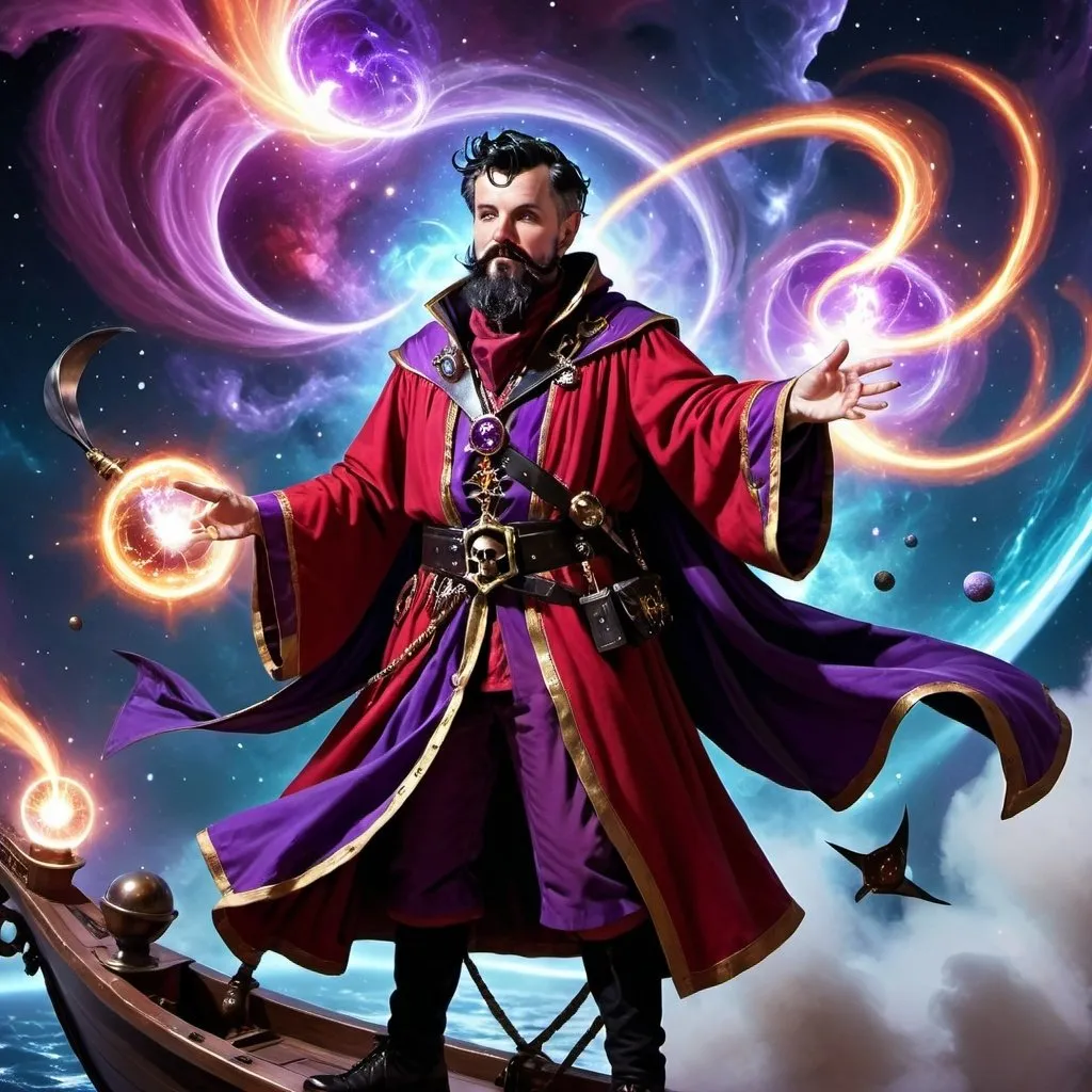 Prompt: full body arch mage wizard in red and purple robes with short black hair and short black beard casting powerful spells, magic effects and aura, on the deck of a flying pirate ship in space, nebula in the background