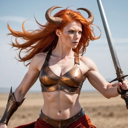Prompt: tall , strong, muscular woman with orange hair, strong, red skin, red hair blowing in the wind, horns, minimal clothes, bronze armor, crop top, sword, battle in the background, sunny