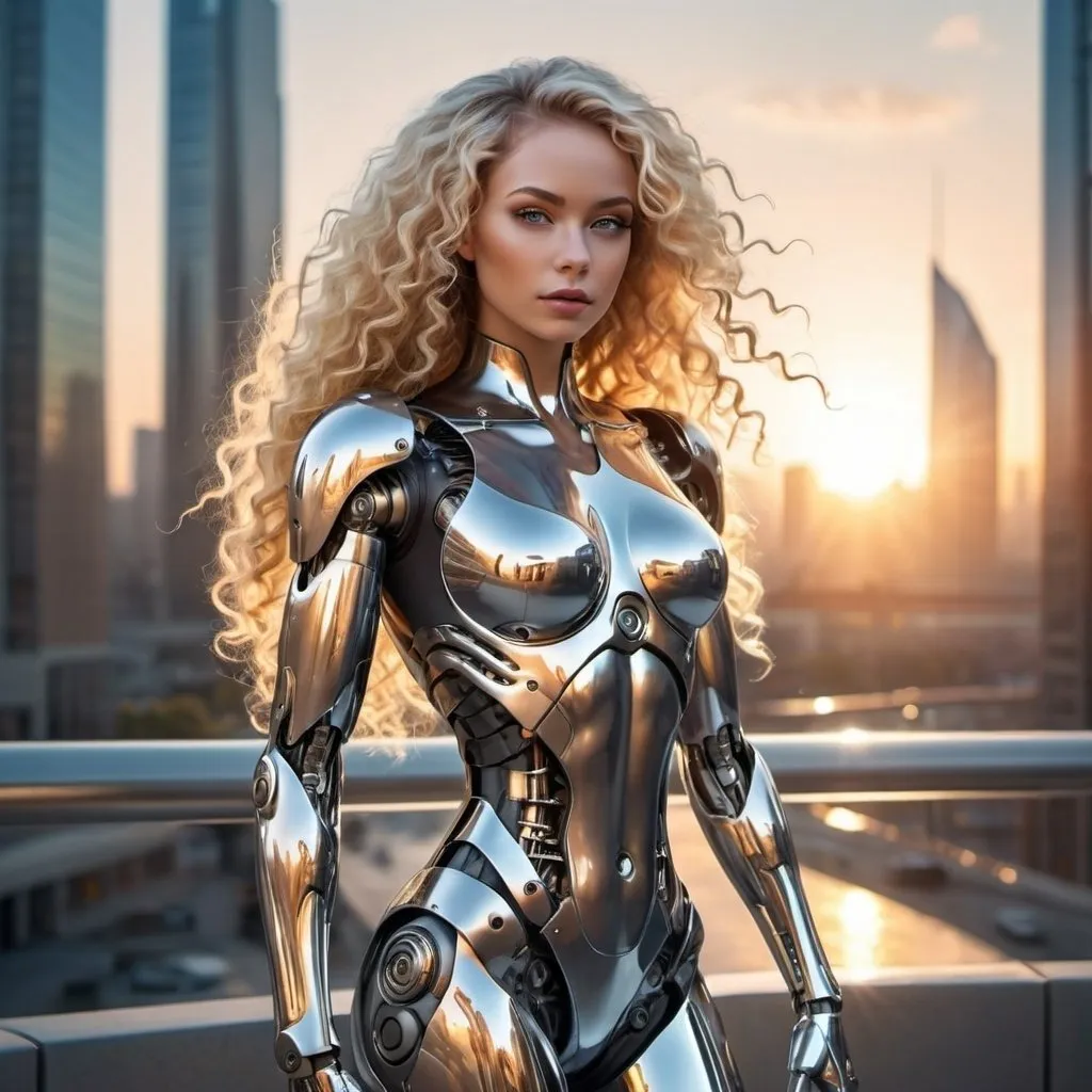 Prompt: beautiful female android, cyborg, full body, futuristic, chrome, long blonde curly hair, city background, sunset, rays of sunlight, realistic
