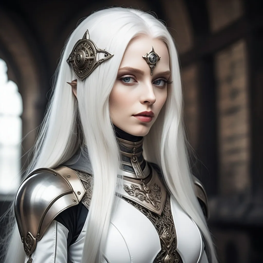 Prompt: medieval android woman, long white hair