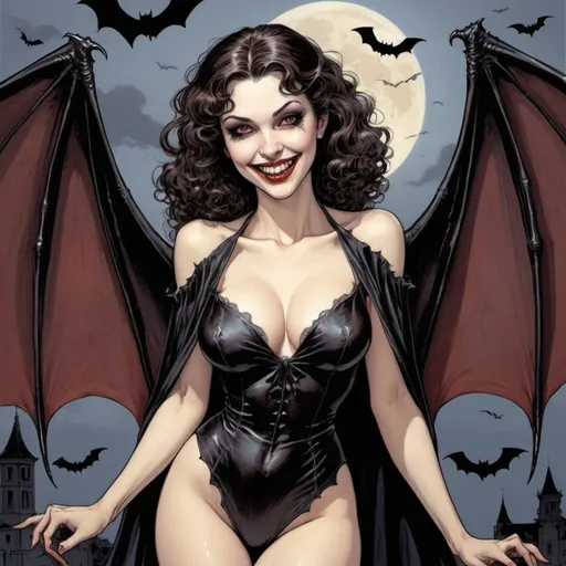 Prompt: full body, beautiful female vampire in the style of milo manara, smiling, fangs, bat wings