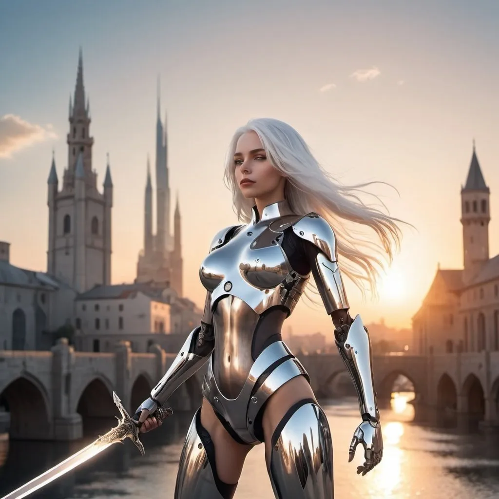 Prompt: beautiful female android, cyborg, full body, futuristic, chrome, long white hair, medieval city background, sunset, minimal clothing, arms raised, underarms, holding a sword, rays of sunlight, realistic
