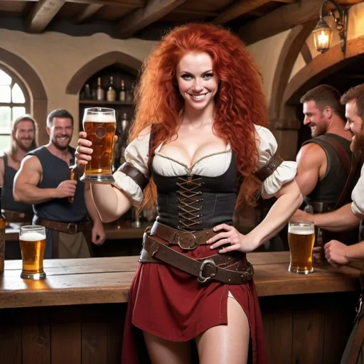 Prompt: female barmaid, big red hair, smiling, carrying beers, muscular, fit, sword in sheath, medieval tavern, warriors and people in the background