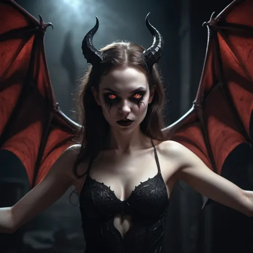 Prompt: beautiful young female devil, succubus, white skin, horror, dark lighting, glowing eyes, arms raised, bat wings, 