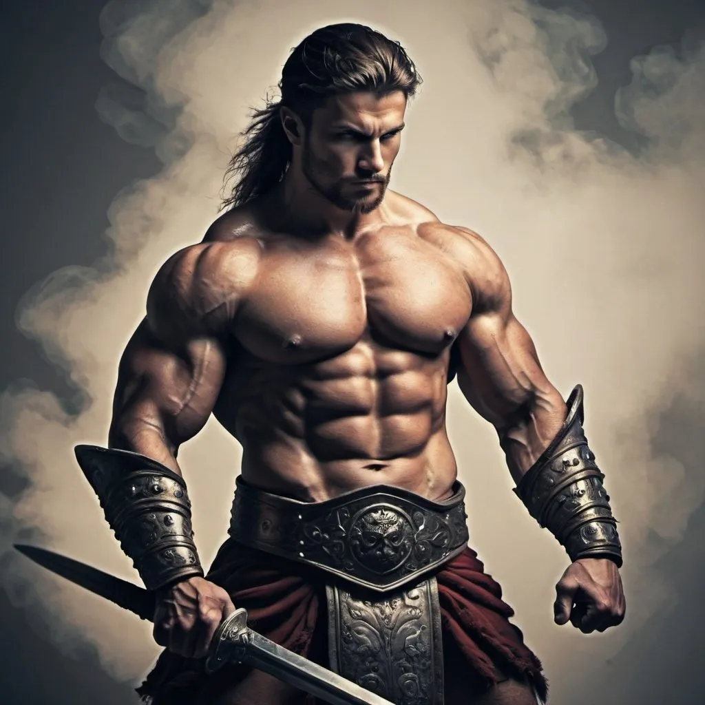 Prompt: male warrior, muscular, strong, fighting a warrior, 
