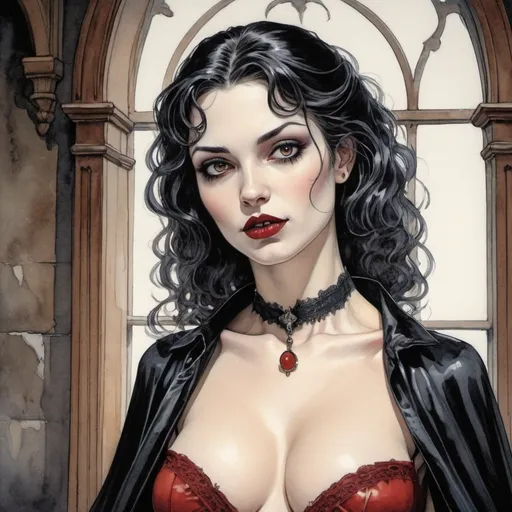 Prompt: beautiful female vampire in the style of milo manara