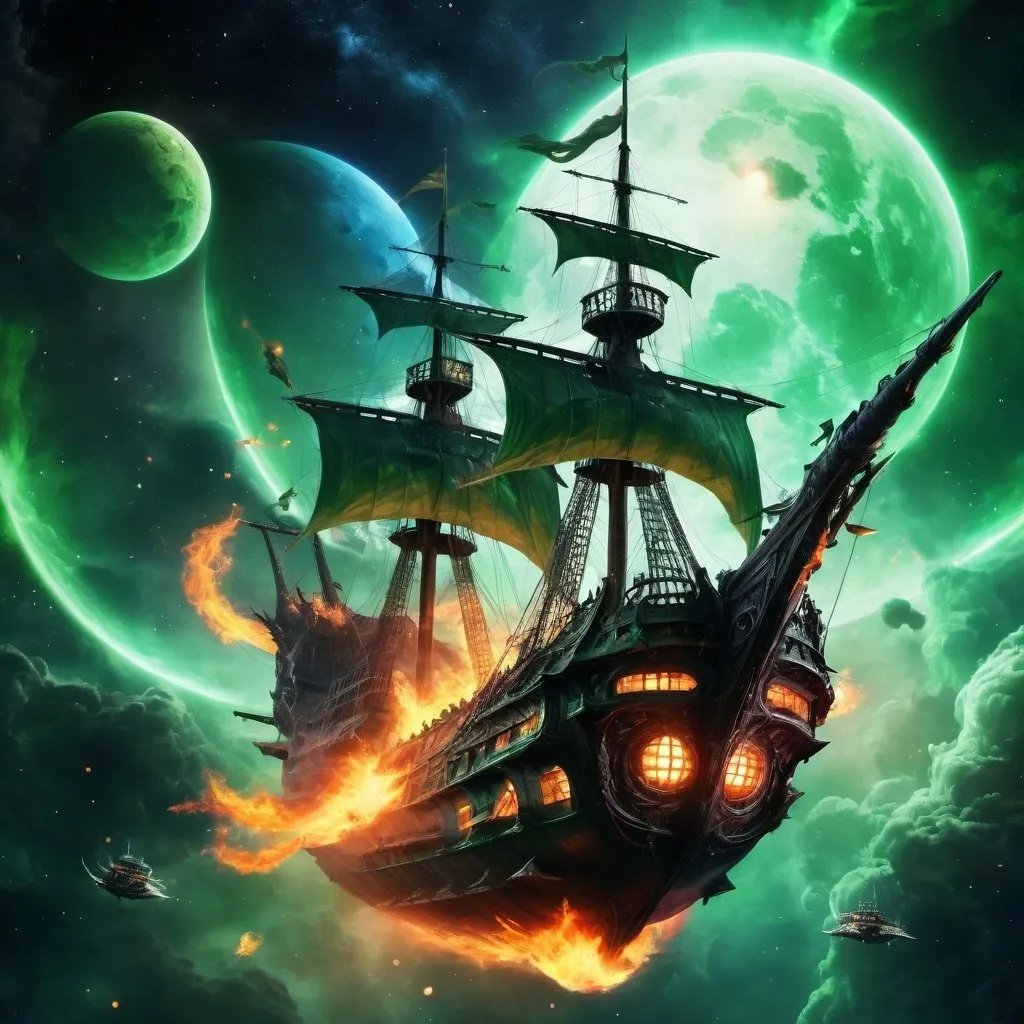 Prompt: huge flying galleon ship in outer space, fantasy, wizards on the deck casting spells, nebula and planet in the background, succubus and demons flying around, bright lighting fire and green magic effects
