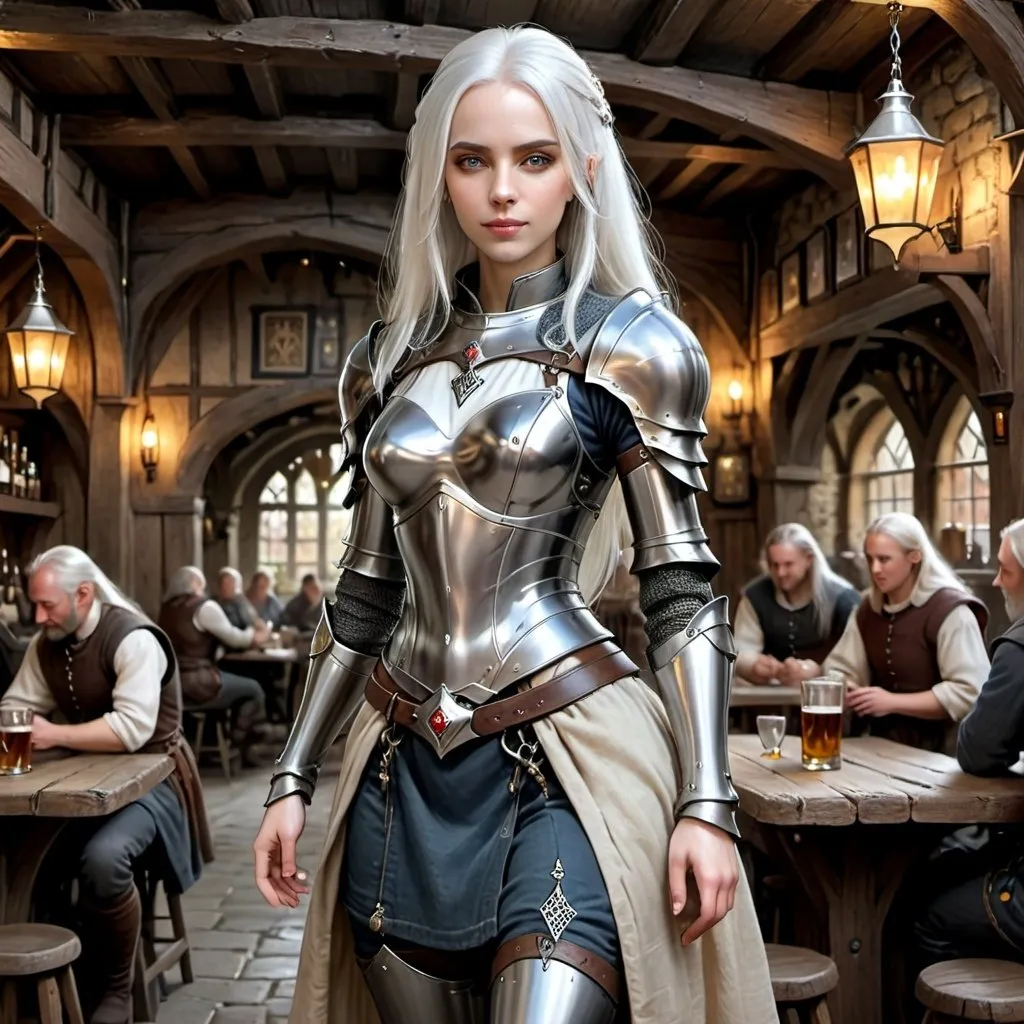 Prompt: realistic, full body, female android, chrome, beautiful, long white hair, medieval tavern in the background

