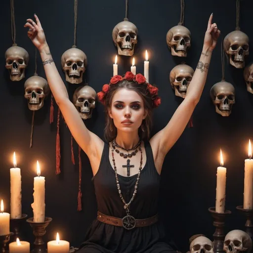 Prompt: 
attractive, beautiful female dressed in primitive rags, arms raised, underarms,  surrounded by skulls, occult ritual, evil, many candles, 
