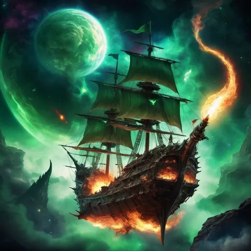 Prompt: huge flying galleon ship in outer space, fantasy, wizards on the deck casting spells, nebula and planet in the background, succubus and demons flying around, bright lighting fire and green magic effects
