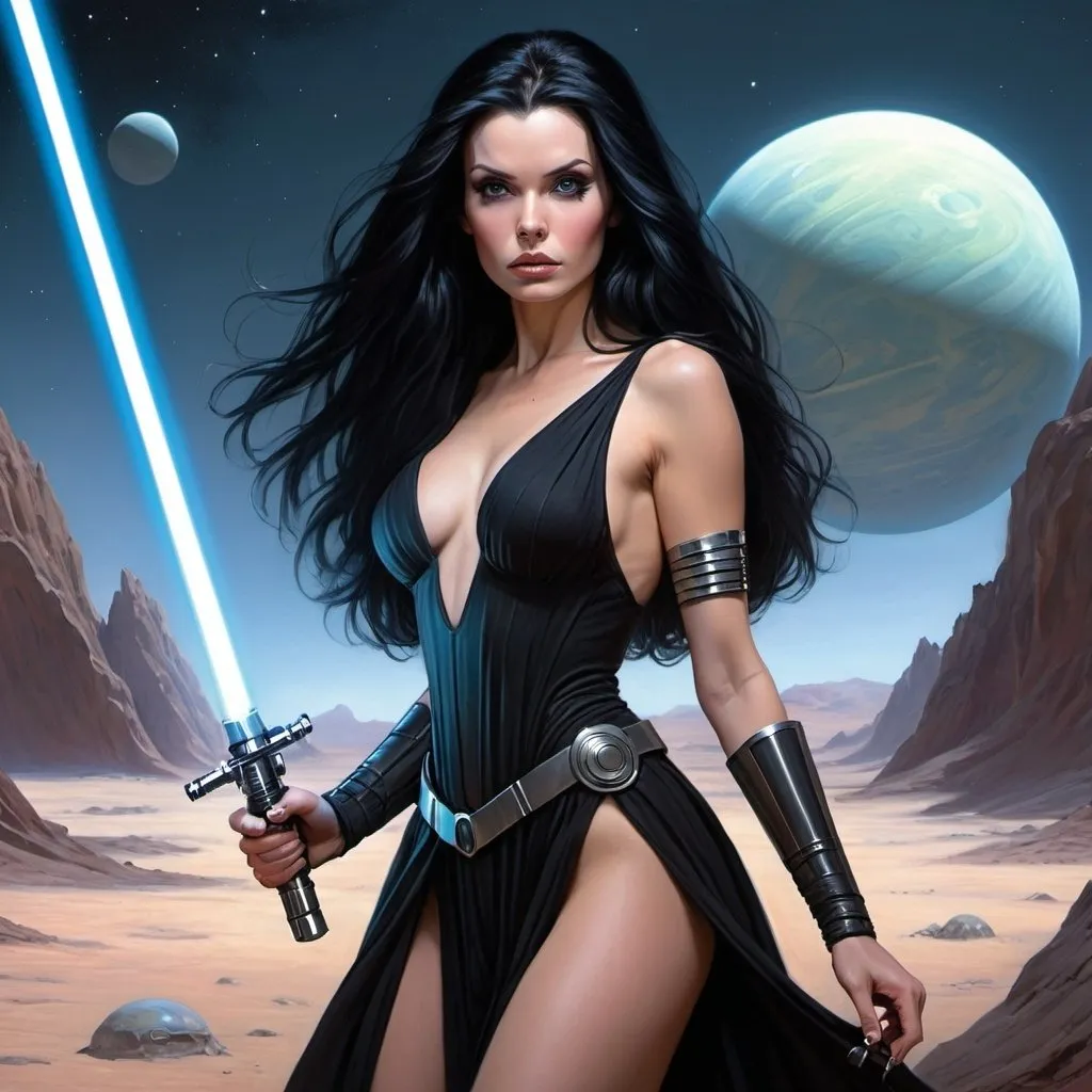 Prompt: fantasy in the style of julie bell, sci-fi, woman , long black hair, holding light saber. alien planet in the background. 