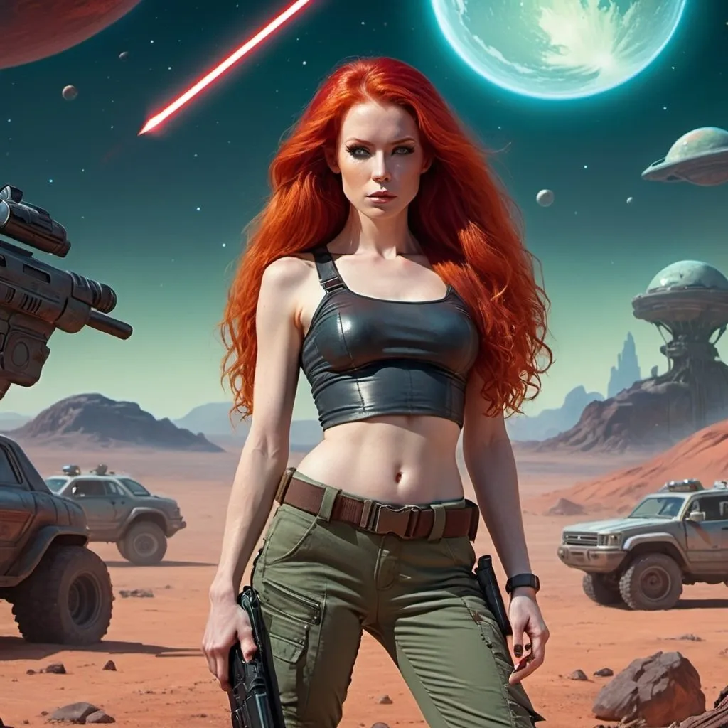 Prompt: fantasy in the style of julie bell, sci-fi, woman in crop top, cargo pants,  long red hair holding a laser gun. alien planet in the background. 
