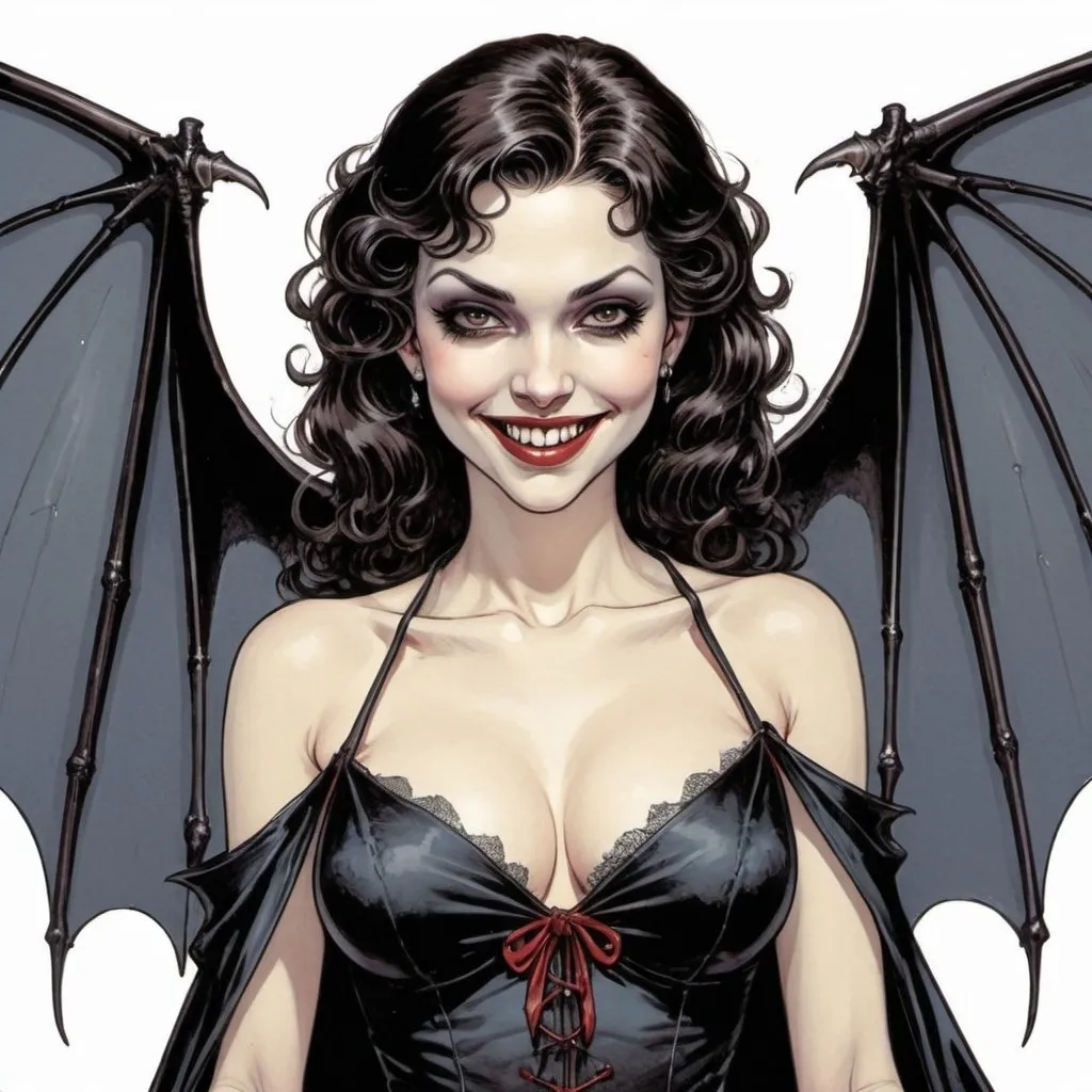 Prompt: full body, beautiful female vampire in the style of milo manara, smiling, fangs, bat wings