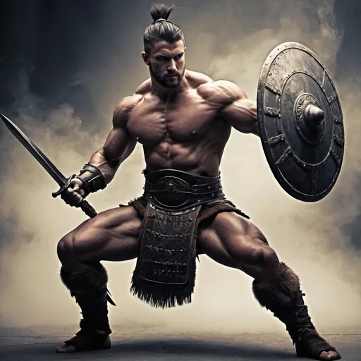 Prompt: male warrior, muscular, strong, fighting a warrior, 
