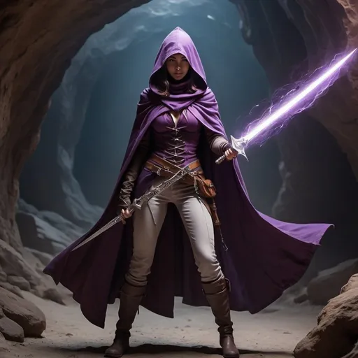 Prompt: female rogue, wearing purple hood and cloak, facing away. psychic energy, rapier in her hand,  Cavern. 