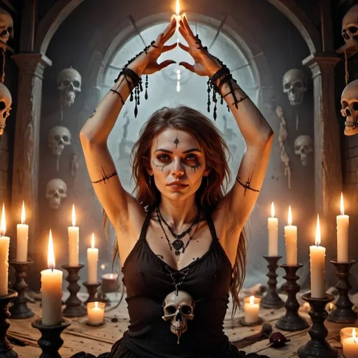 Prompt: 
attractive, beautiful female dressed in primitive rags, arms raised, underarms,  surrounded by skulls, occult ritual, evil, many candles, 
