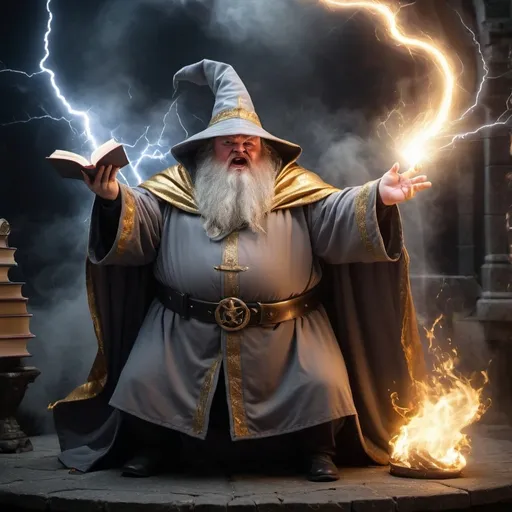 Prompt: portly fat wizard, grey robe with golden cloak, casting a spell, magical effects, fighting in a combat, fire and lightning, holding a book, night time, lighting effects, devils and demons in the back ground

