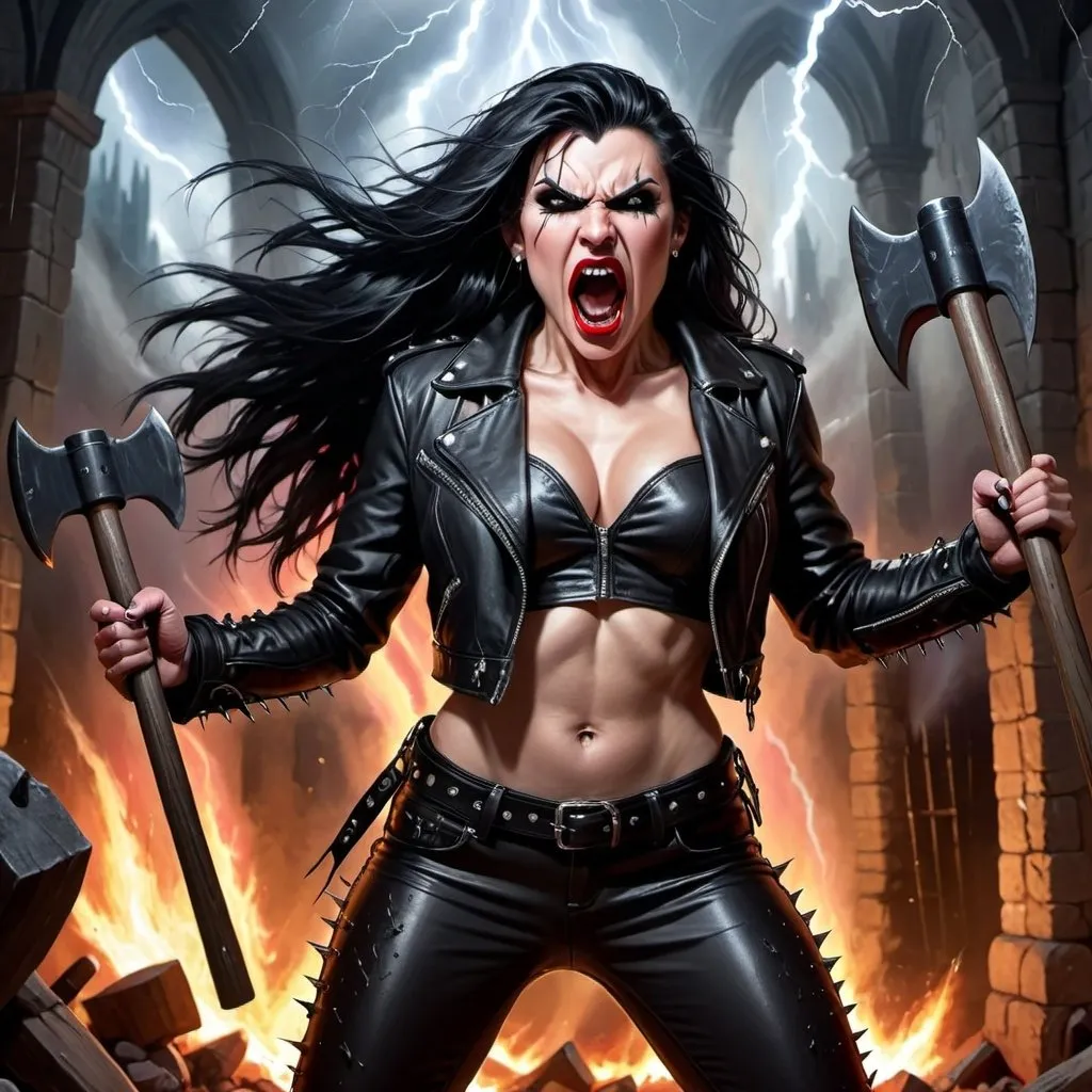 Prompt: female heavy metal singer, muscular, leather jacket with crop top, spikes on jacket, long black hair, red lip stick, screaming, holding an axe, action pose, castle halls, fire, red light, lightning