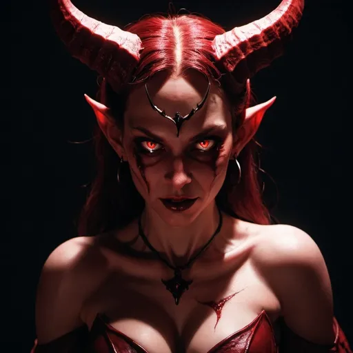 Prompt: female devil, succubus, red skin, horror, dark lighting, glowing eyes