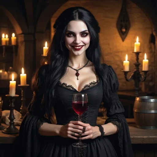 Prompt: realistic beautiful woman vampire, long black hair, smiling, fangs, medieval, scary, creepy, full body, gypsie, black victorian dress, regal, holding a glass of wine, medieval tavern, dark with candle light