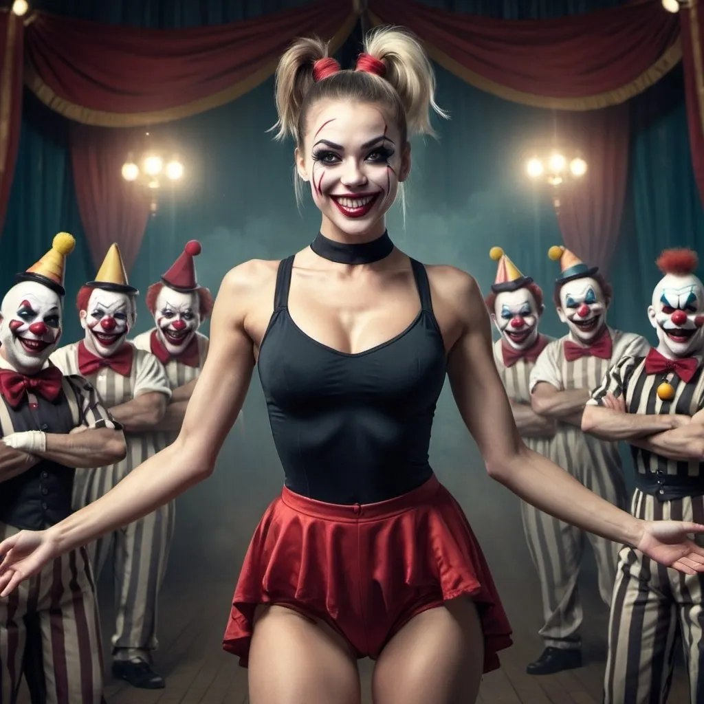 Prompt: full body, attractive, beautiful woman with ponytail, fit, circus performer, arms raised, evil smile, circus in the background with evil creepy clowns