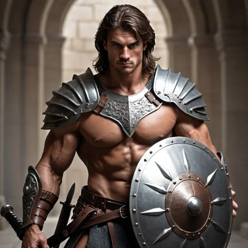 Prompt: male warrior, muscular arms, strong, scale armor, shield and sword