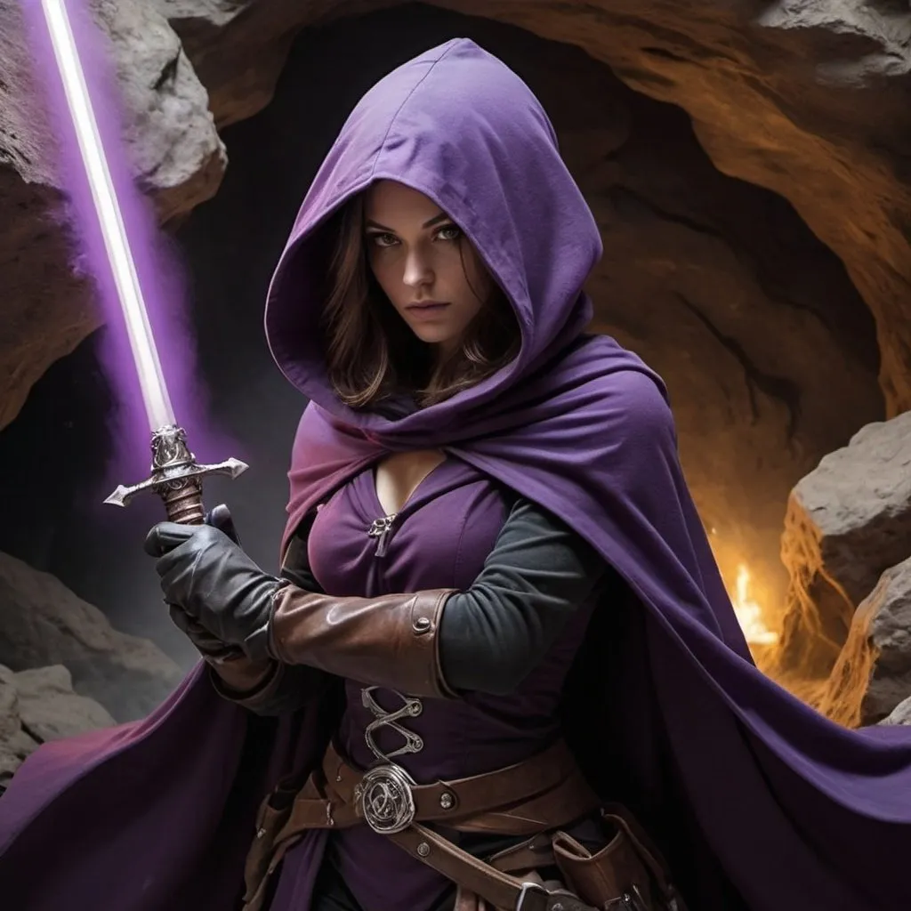 Prompt: female rogue, wearing purple hood and cloak, facing away. psychic energy, rapier in her hand,  Cavern. 