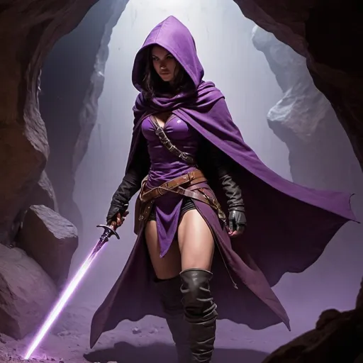 Prompt: female rogue, wearing purple hood and cloak, facing away. psychic energy, rapier in her hand,  Cavern. 