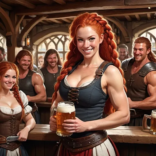 Prompt: female barmaid, big red hair, braids, smiling, carrying beers, muscular, fit, sword in sheath, medieval tavern, warriors and people in the background
