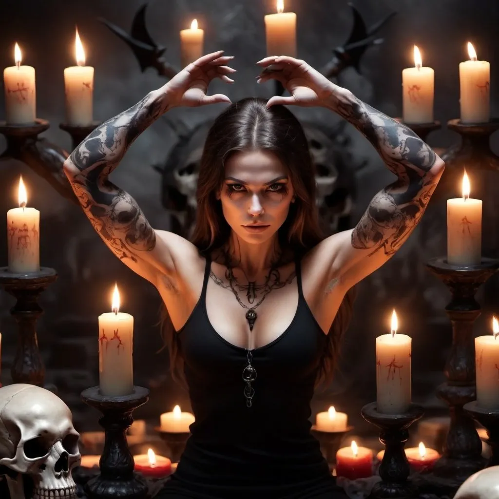 Prompt: attractive, beautiful female , arms raised, underarms, muscular, strong, surrounded by skulls, occult ritual, evil, many candles, horror