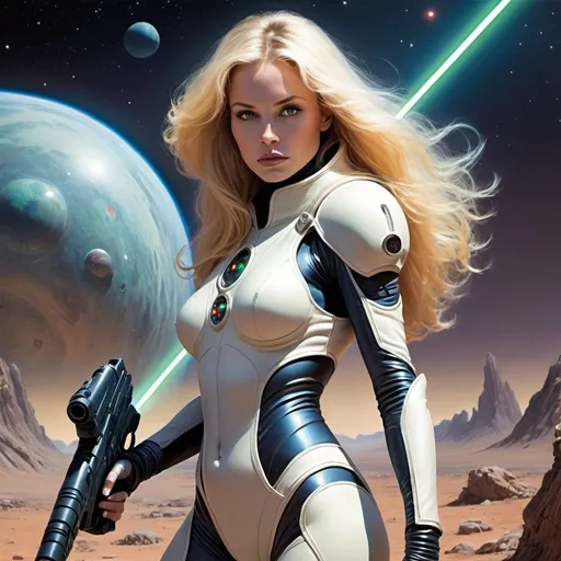 Prompt: fantasy in the style of julie bell, sci-fi, woman in form-fitting space suit, long blonde hair holding a laser gun. alien planet in the background. 