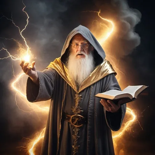 Prompt: Elderly wizard, grey robe with golden cloak, casting a spell, magical effects, fighting in a combat, fire and lightning, holding a book, night time, lighting effects, devils and demons in the back ground

