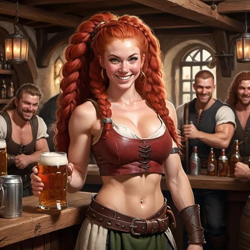 Prompt: female barmaid, big red hair, braids, smiling, carrying beers, muscular, fit, sword in sheath, medieval tavern, warriors and people in the background
