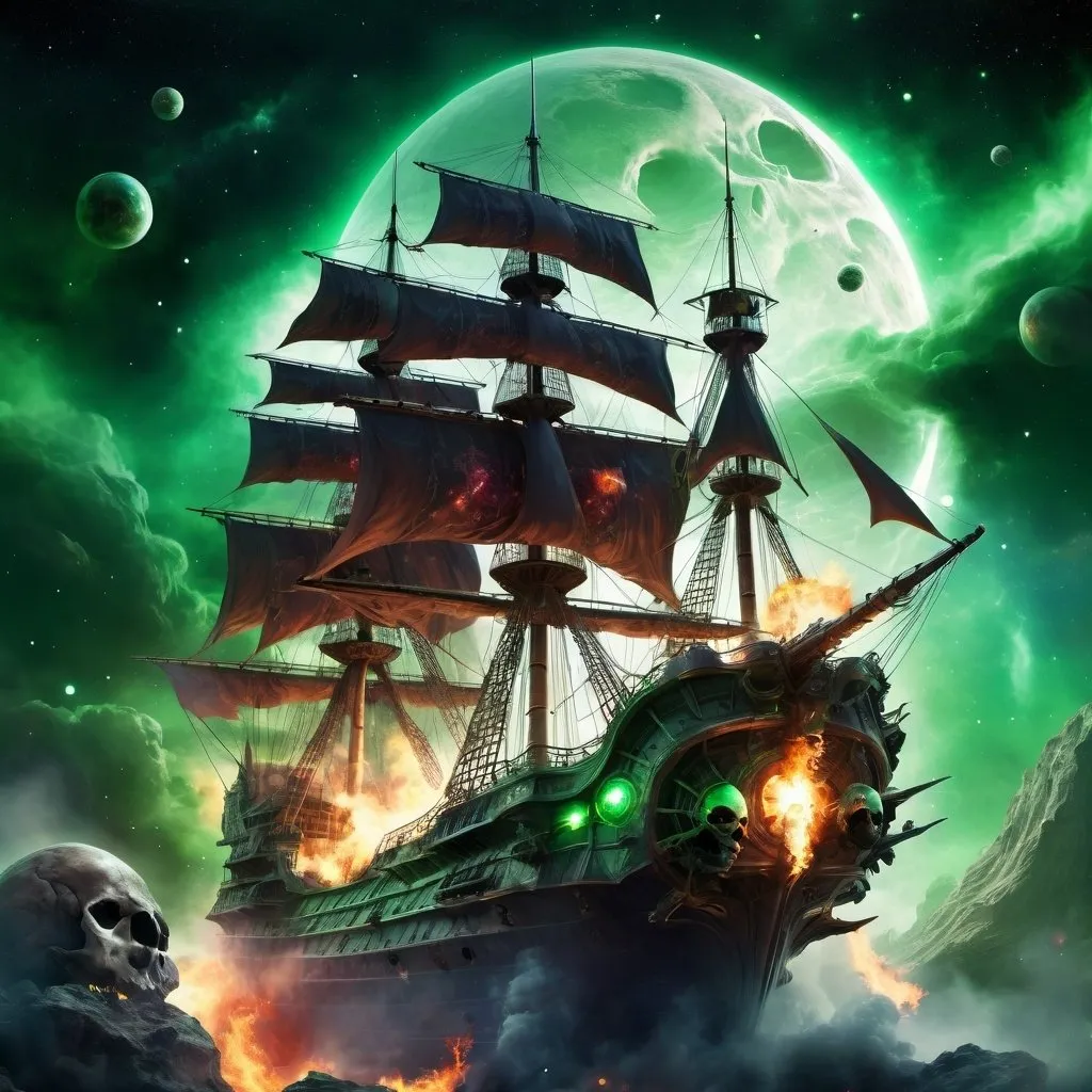 Prompt: huge flying galleon ship in outer space, fantasy, wizards on the deck casting spells, nebula and planet in the background, skull on the front of the ship, bright lighting fire and green magic effects
