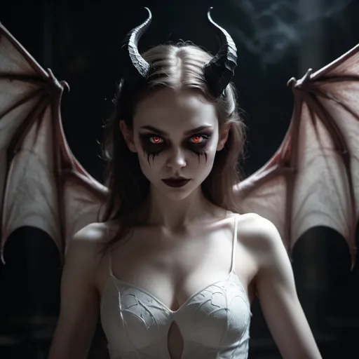 Prompt: beautiful young female devil, succubus, white skin, horror, dark lighting, glowing eyes, arms raised, bat wings, 