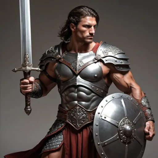 Prompt: male warrior, muscular arms, strong, scale armor, shield and sword