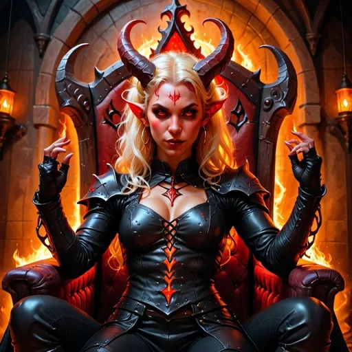 Prompt: beautiful female tiefling, devil woman, red lighting, portrait, blonde hair, light clothing, crop top, leather armor, sitting on a large ornate throne, arms raised over her head, under arms, dim lighting with magical aura and effects, fire lighting the walls, medieval auditorium with glowing pentagram on the floor