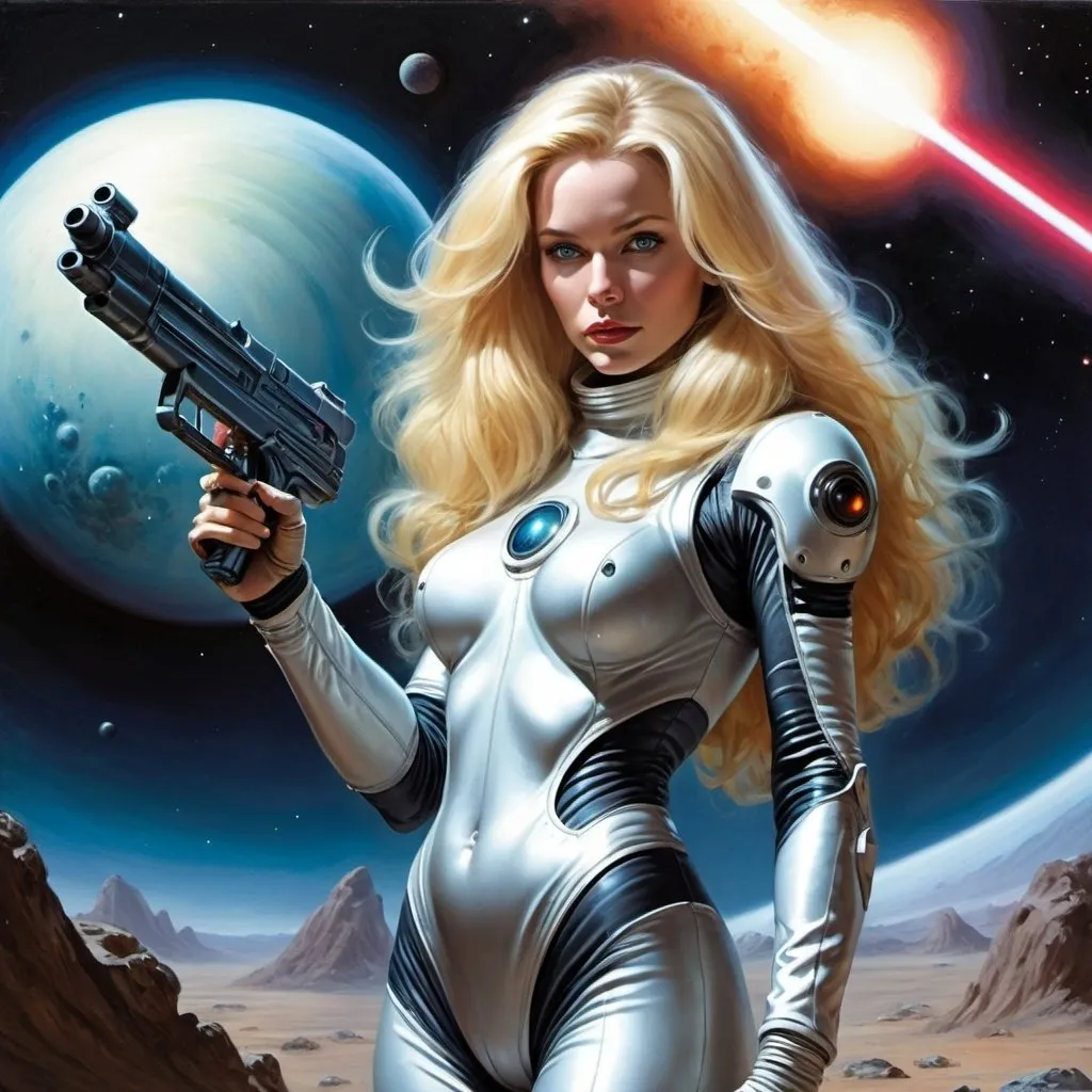 Prompt: fantasy in the style of julie bell, sci-fi, woman in form-fitting space suit, long blonde hair holding a laser gun. alien planet in the background. 