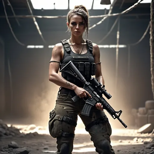 Prompt: beautiful realistic army woman, tied crop top, army boots, assault rifle, sweating, 