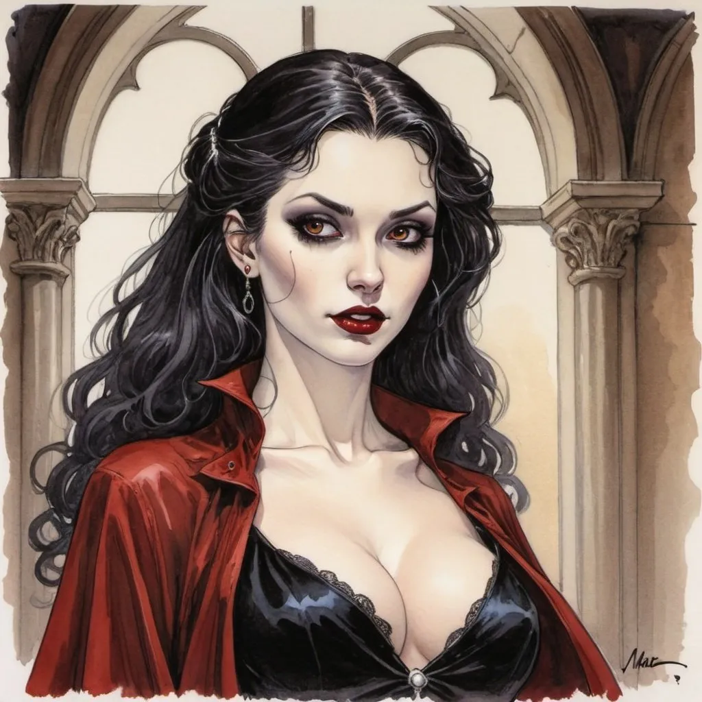 Prompt: beautiful female vampire in the style of milo manara