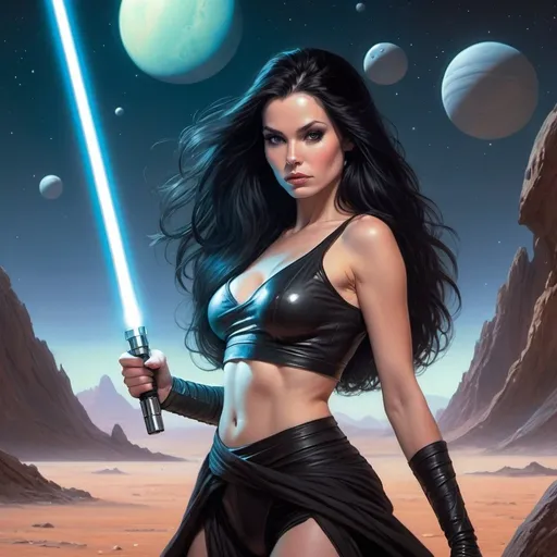 Prompt: fantasy in the style of julie bell, sci-fi, woman in crop top,  long black hair, holding light saber. alien planet in the background. 