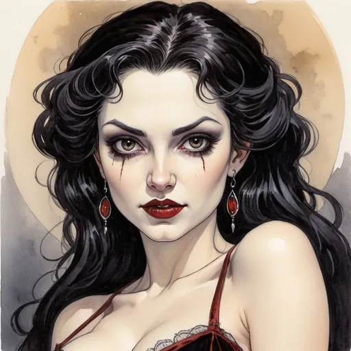 Prompt: beautiful female vampire in the style of milo manara