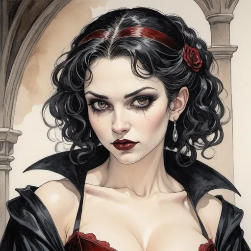 Prompt: beautiful female vampire in the style of milo manara