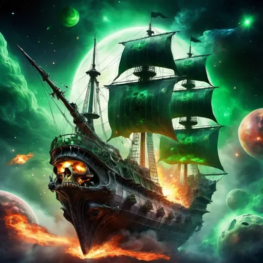 Prompt: huge flying galleon ship in outer space, fantasy, wizards on the deck casting spells, nebula and planet in the background, skull on the front of the ship, bright lighting fire and green magic effects

