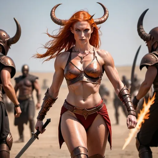 Prompt: tall muscular red woman with orange hair, strong, red skin, horns, walking straight, clothes burned away, bronze armor, crop top, sword, battle in the background,
