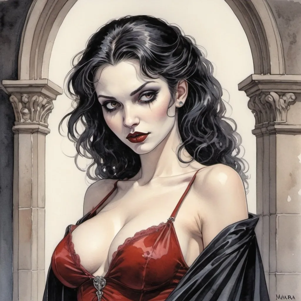 Prompt: beautiful female vampire in the style of milo manara