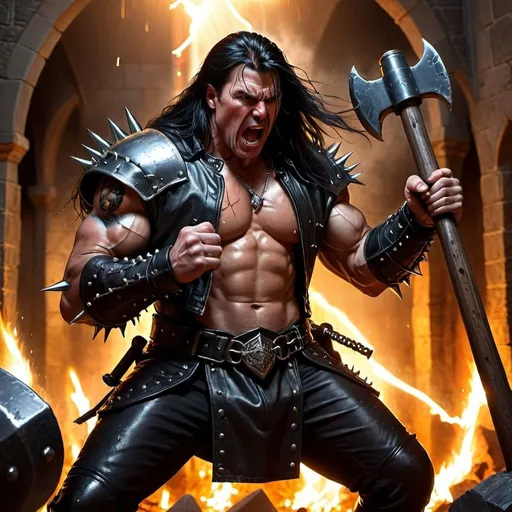 Prompt: realistic medieval male heavy metal singer, muscular, leather jacket, armor, spikes on jacket, long black hair, holding an axe and battle hammer in the other hand, action pose, castle halls, fire, red light, lightning, 