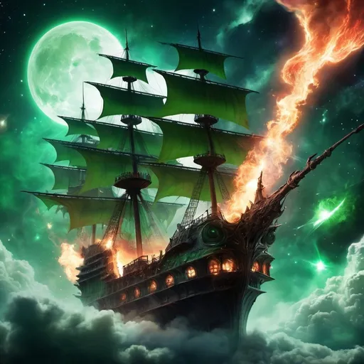 Prompt: huge flying galleon ship in outer space, fantasy, wizards on the deck casting spells, nebula and planet in the background, succubus and demons flying around, bright lighting fire and green magic effects
