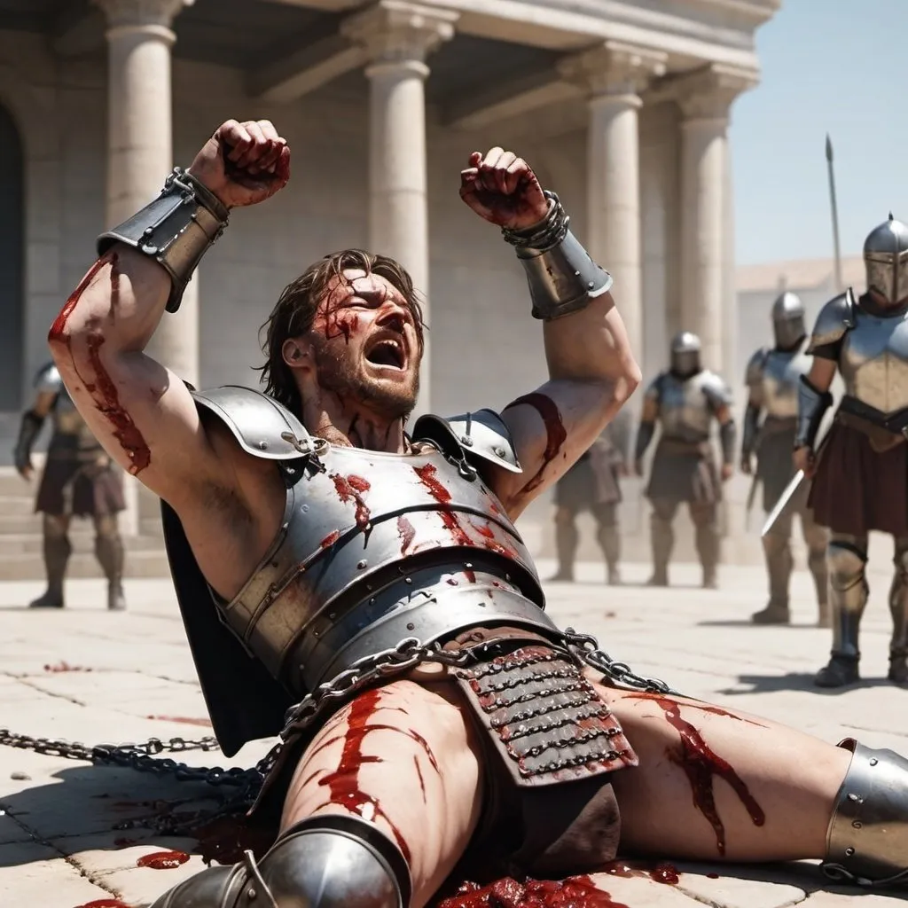 Prompt: realistic, wounded, bloody, male warrior, in pain, in chains, plate armor, , laying down, arms raised, 
sunny, daytime, minimal clothing, battle in the background
 
