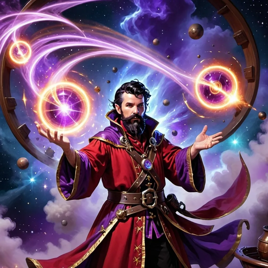 Prompt: arch mage wizard in red and purple robes with short black hair and short black beard casting powerful spells, magic effects and aura, on the deck of a flying pirate ship in space, nebula in the background